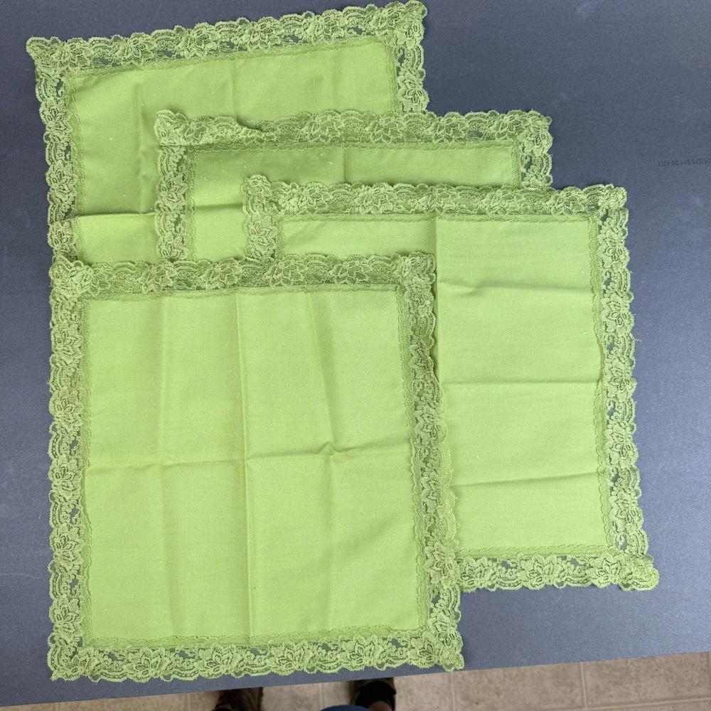Vintage Lace Trim Cloth Napkin Set 10pc Green Cream White Linen Lot of 8